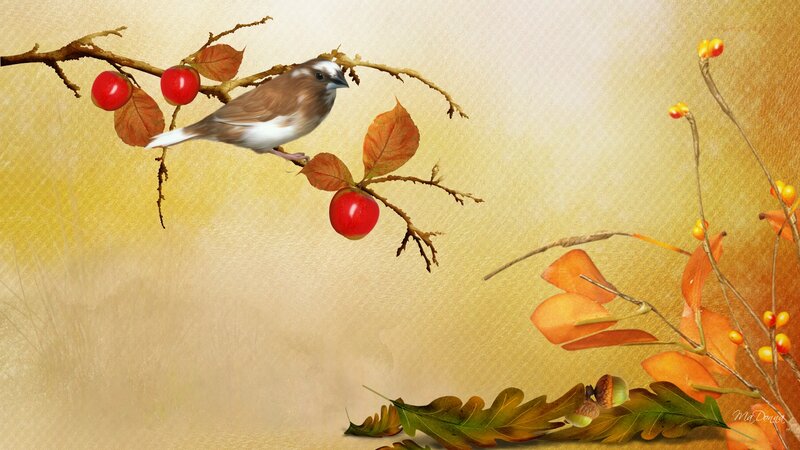 Bird on Branch with Berries