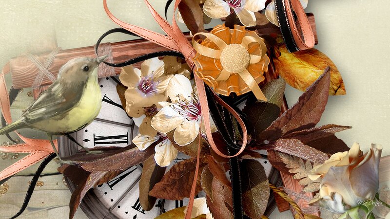 Bird on Clock with Flowers