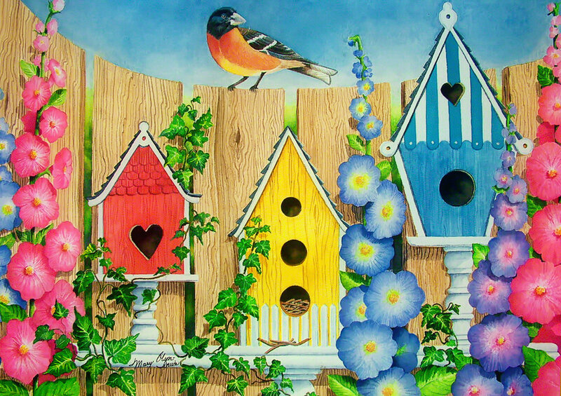 Bird on Fence with Birdhouses