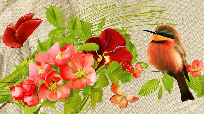 Bird on Floral Branch — Red