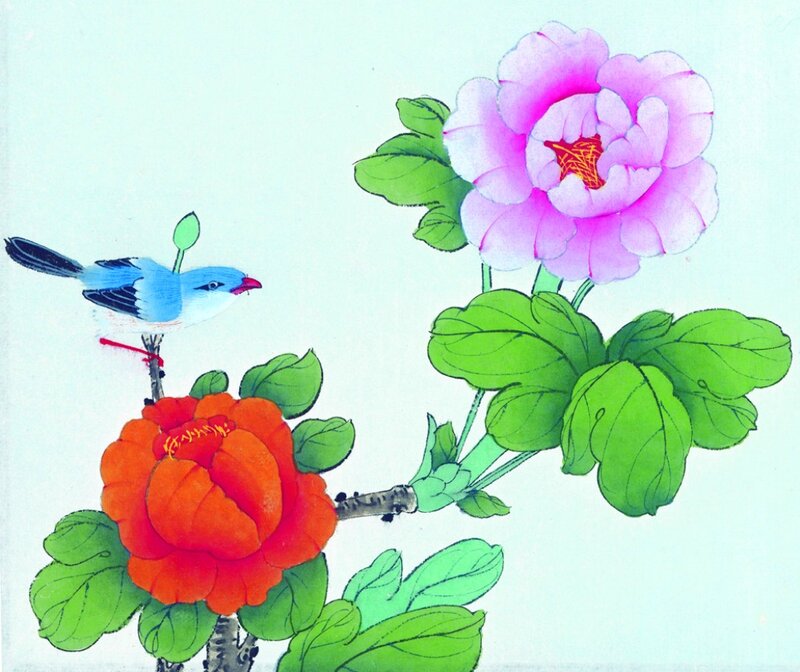 Bird on Flower Branch — Green