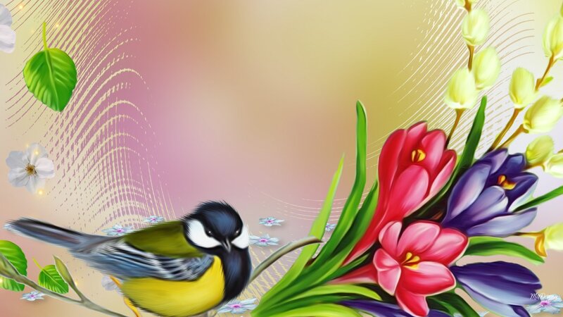 Bird on Flower Branch — Yellow