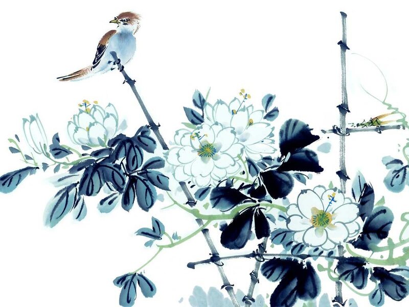 Bird on Flowering Branch — Blue, Serene, Painting
