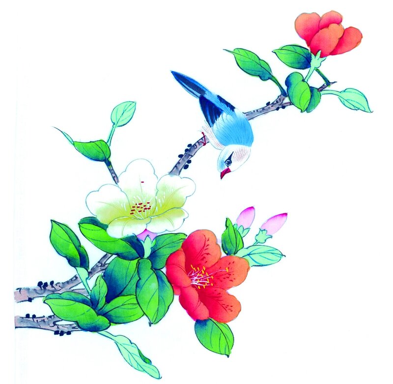 Bird on Flowering Branch — Blue, Serene