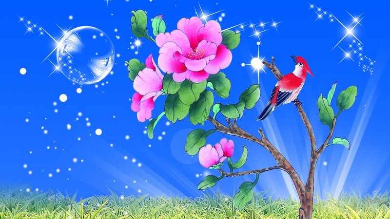 Bird on Flowering Branch — Blue