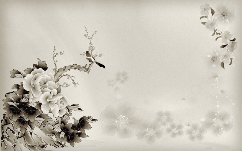 Bird on Flowering Branch — Gray, Serene