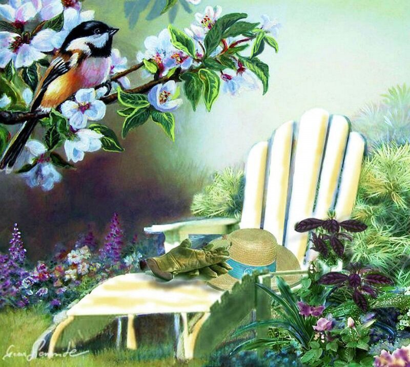 Bird on Flowering Branch — Green, Serene, Spring, Painting