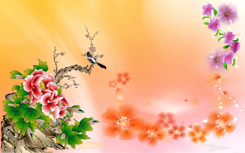 Bird on Flowering Branch — Orange, Serene