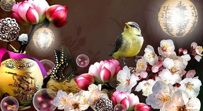 Bird on Flowering Branch — Pink, Serene, Spring, Digital Art