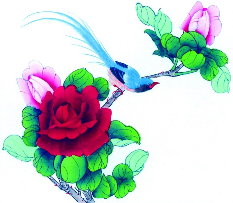 Bird on Flowering Branch — Red, Serene