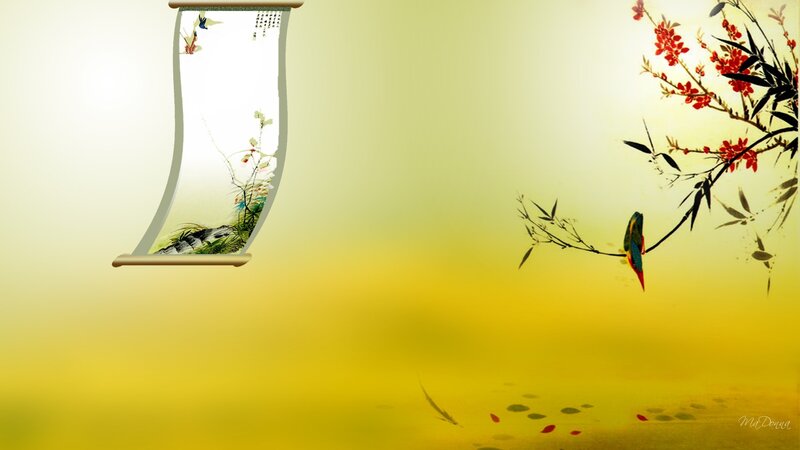 Bird on Flowering Branch — Yellow