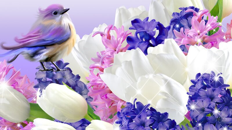 Bird on Flowers — Purple
