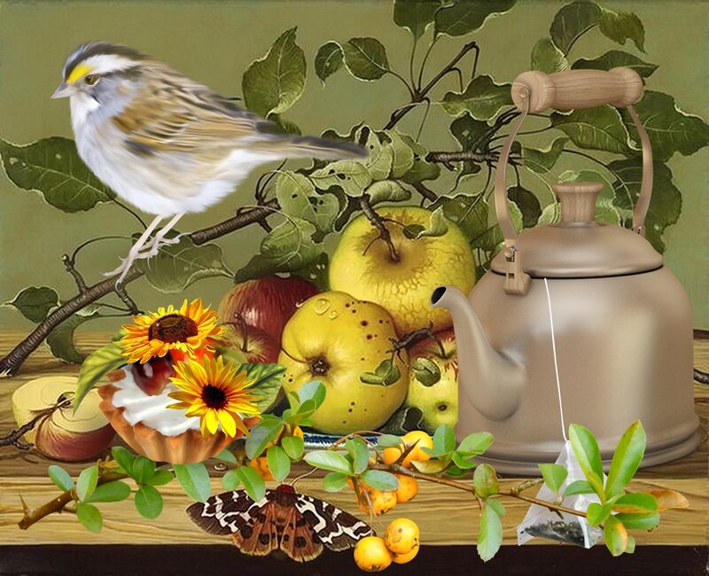 Bird on Fruit Branch — Green