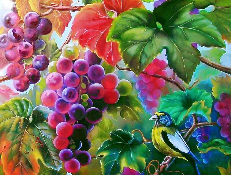 Bird on Grapevine — Green, Vibrant