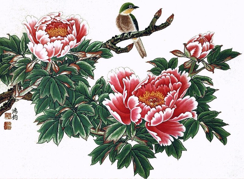 Bird on Peony Branch