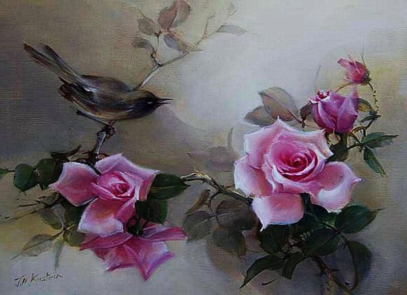 Bird on Rose Branch — Pink