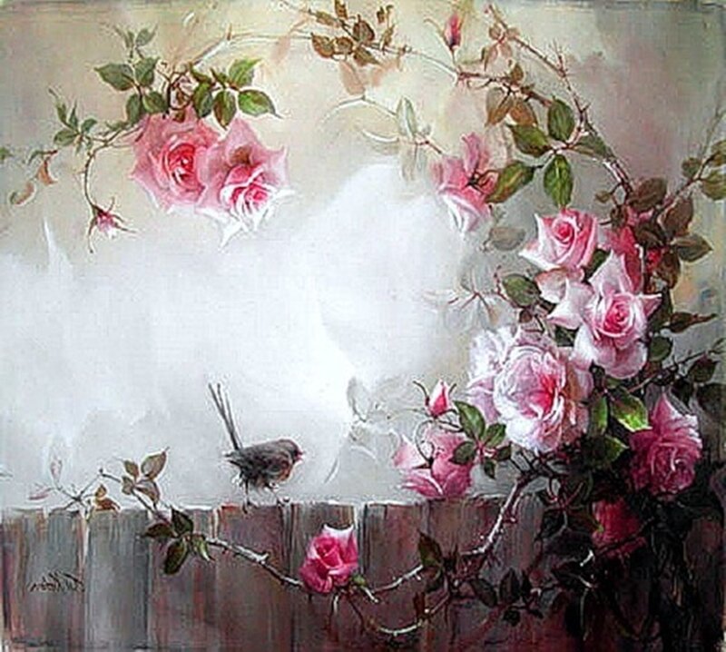 Bird on Rose Bush — Pink