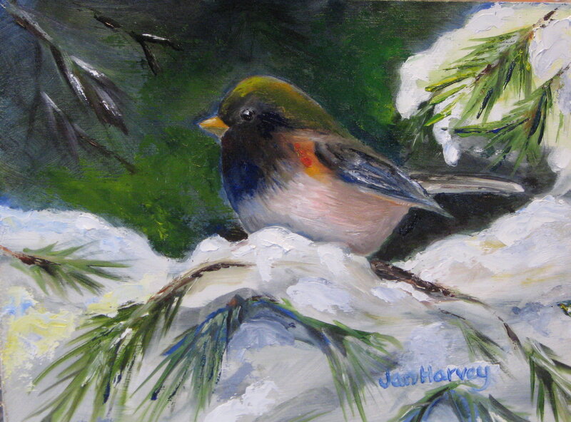 Bird on Snowy Branch — Green