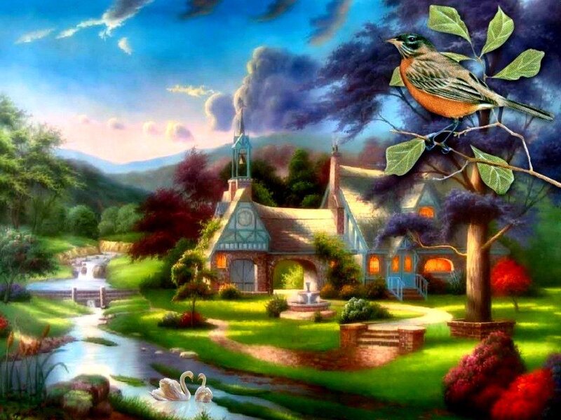 Bird on Tree Branch — Green, Serene, Afternoon