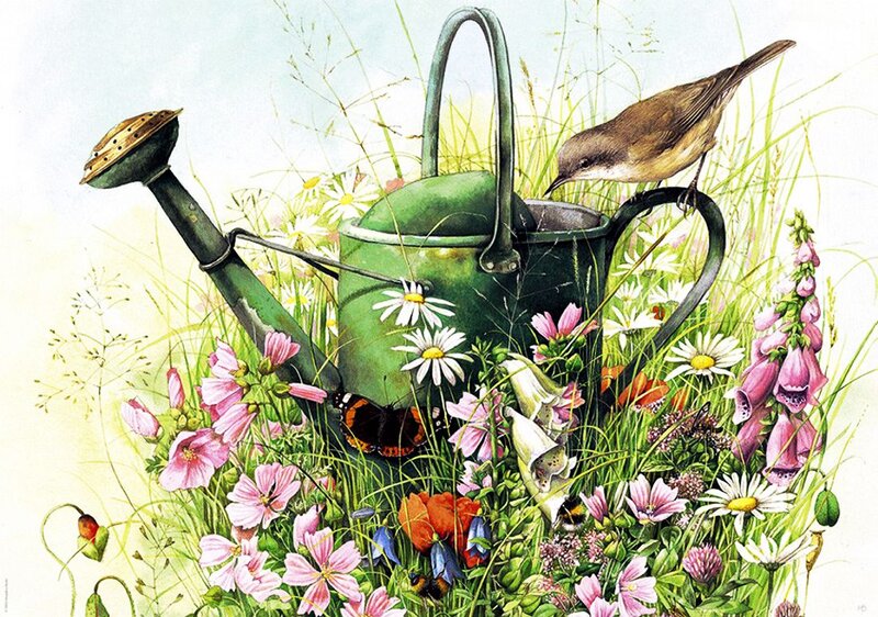 Bird on Watering Can — Green, Serene, Spring