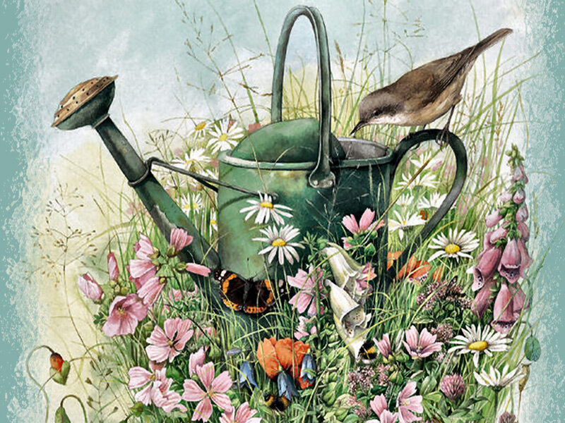 Bird on Watering Can — Green, Serene