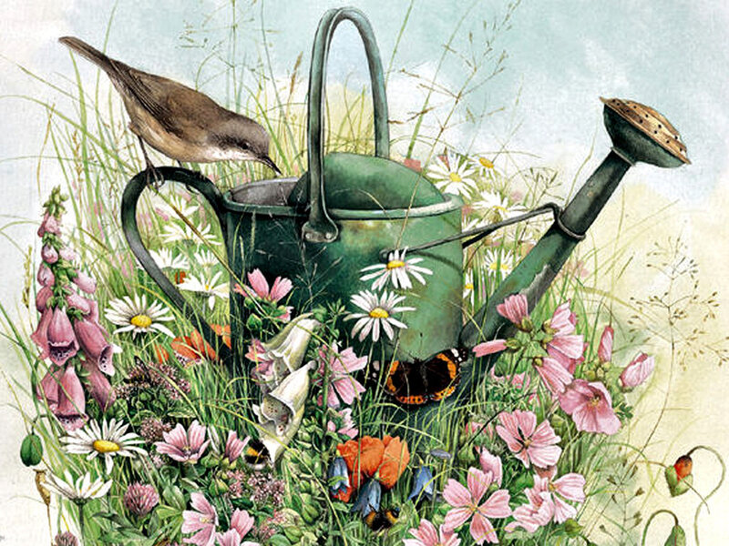 Bird on Watering Can — Green