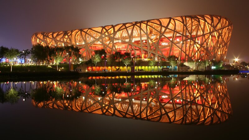 Bird's Nest Stadium — Orange, Dramatic, Night, Photograph, Building, Water