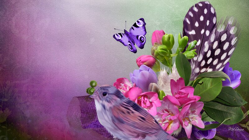 Bird with Flowers and Butterfly