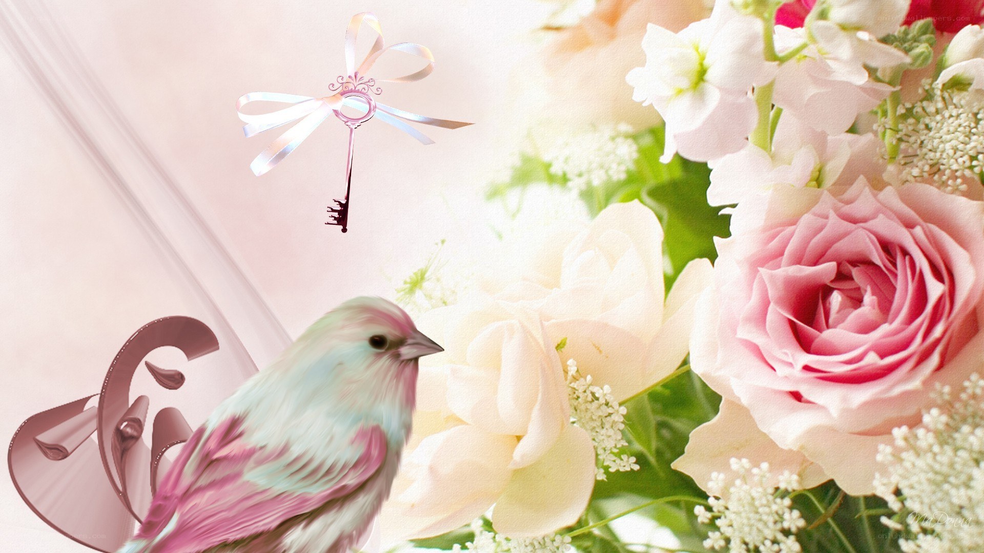 Bird with flowers and key
