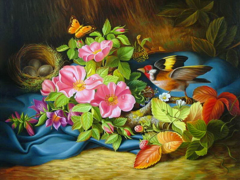 Bird with Flowers and Nest
