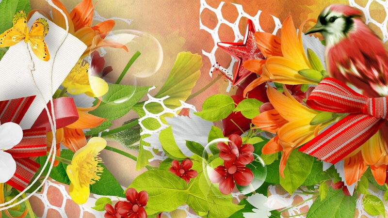 Bird with Flowers and Ribbon