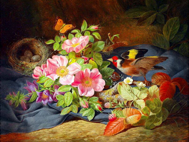 Bird with Nest and Flowers — Pink