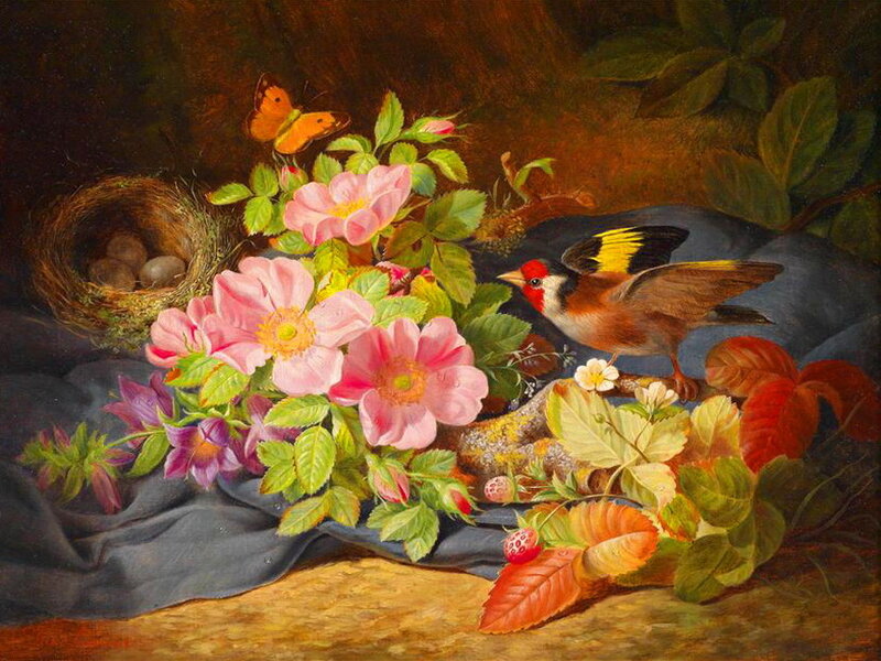 Bird with Nest and Flowers