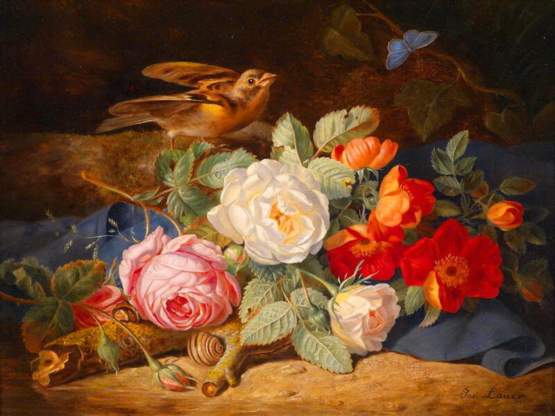 Bird with Roses and Flowers