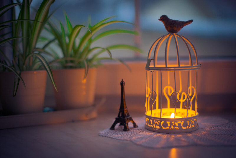 Birdcage Lantern with Candle — Yellow