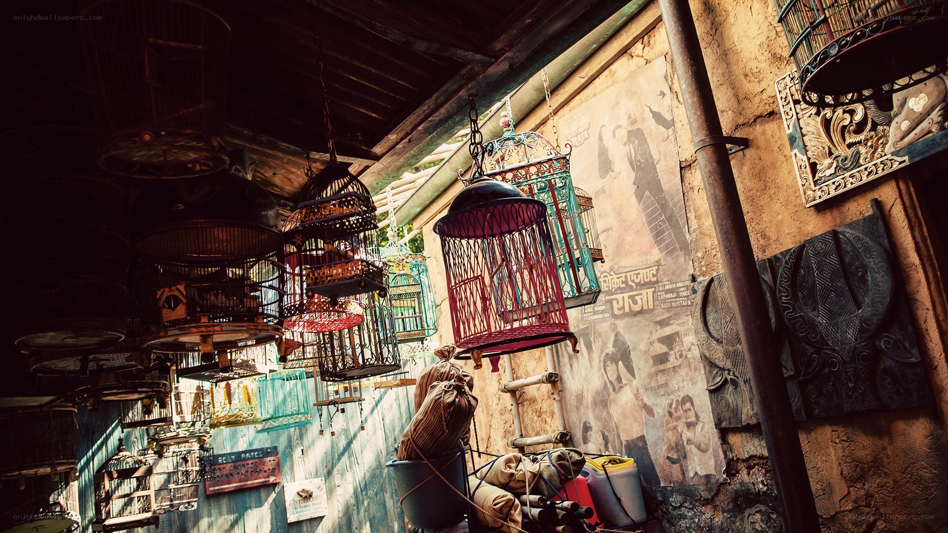 Birdcages in a rustic alley