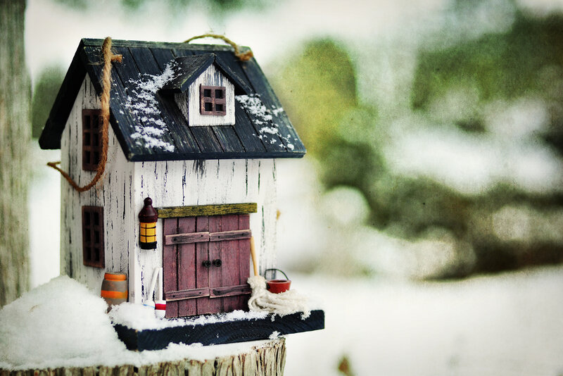 Birdhouse in Snow — White