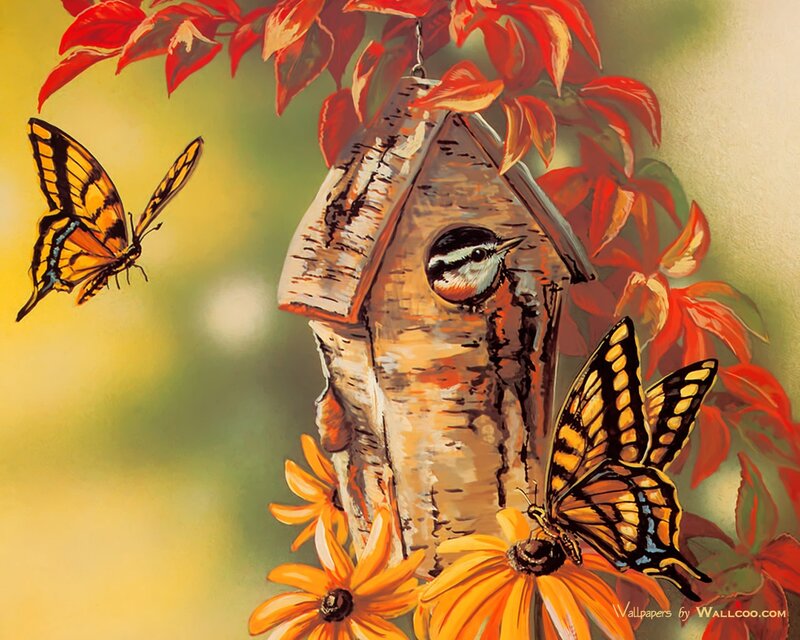 Birdhouse with Birds and Butterflies — Red