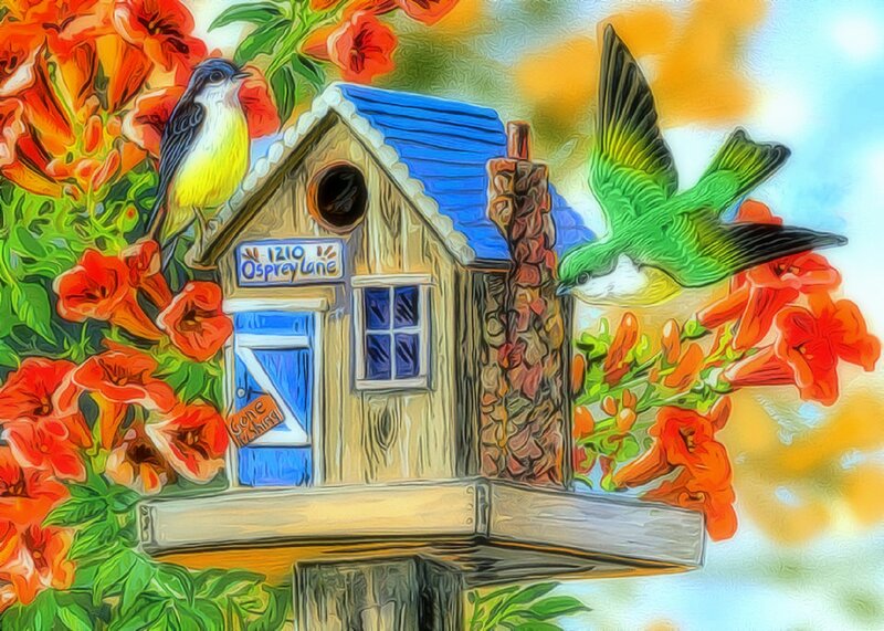 Birdhouse with Birds — Blue