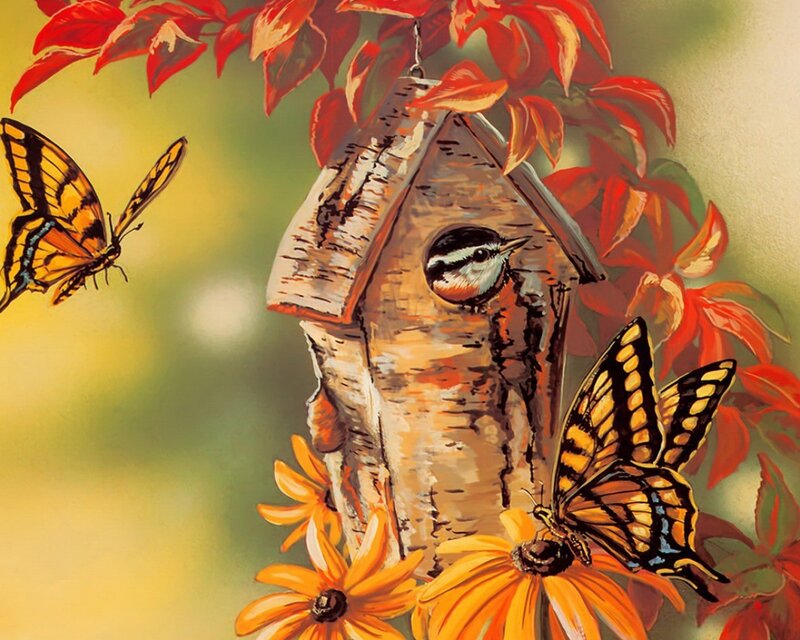 Birdhouse with butterflies and flowers