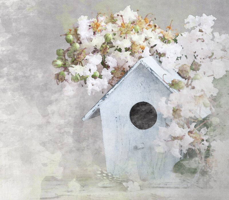 Birdhouse with Flowers — White