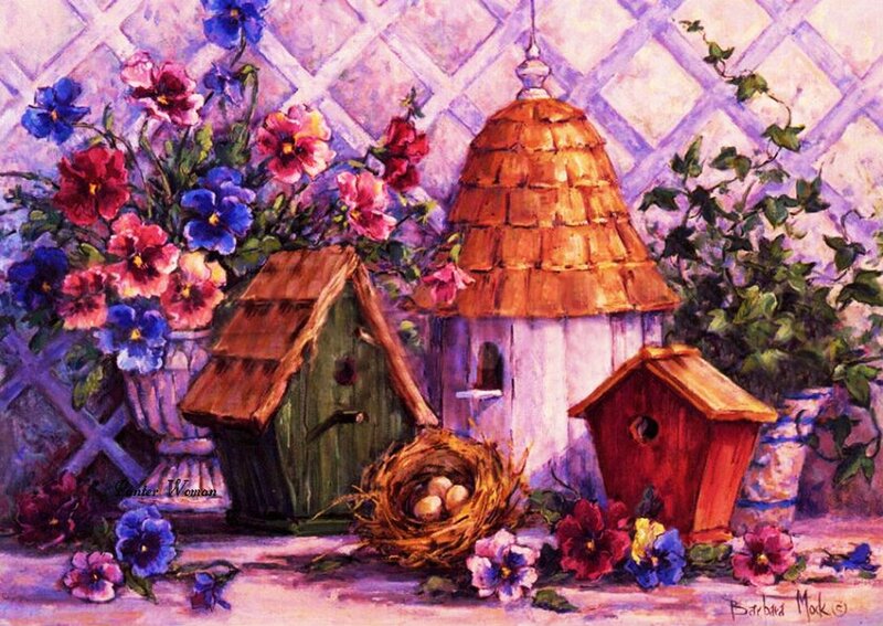 Birdhouses and Flowers — Purple