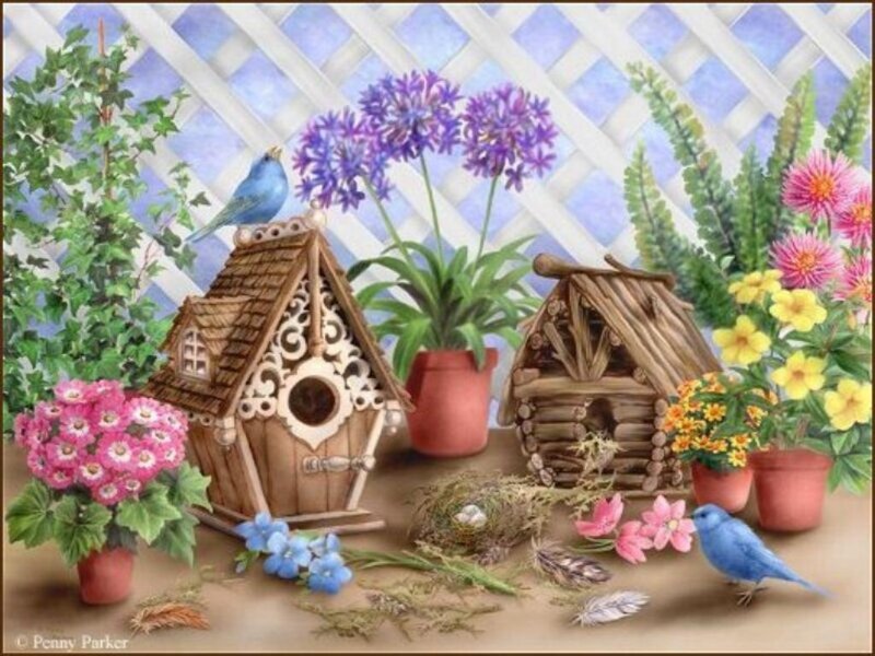 Birdhouses in a garden scene