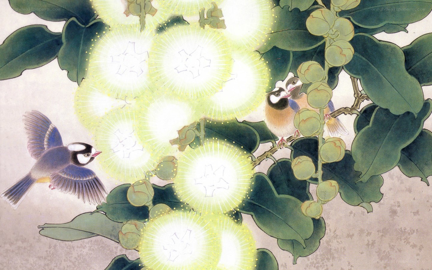 Birds among glowing flowers