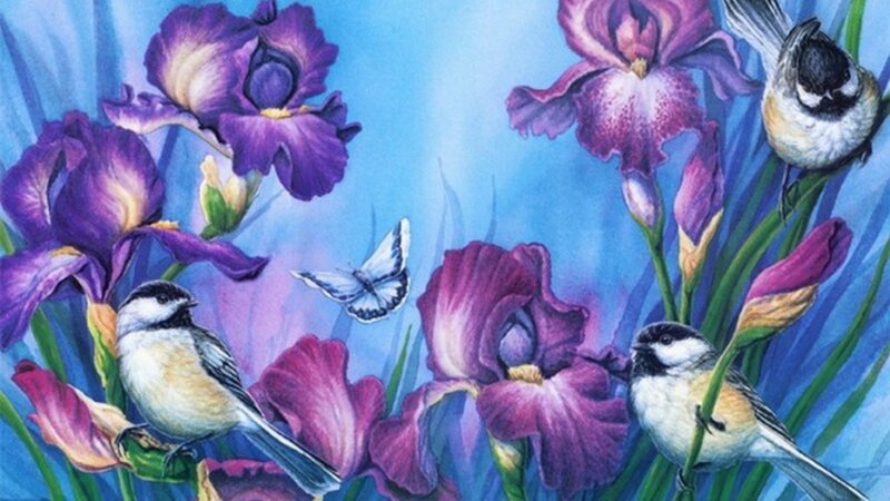 Birds Among Purple Irises