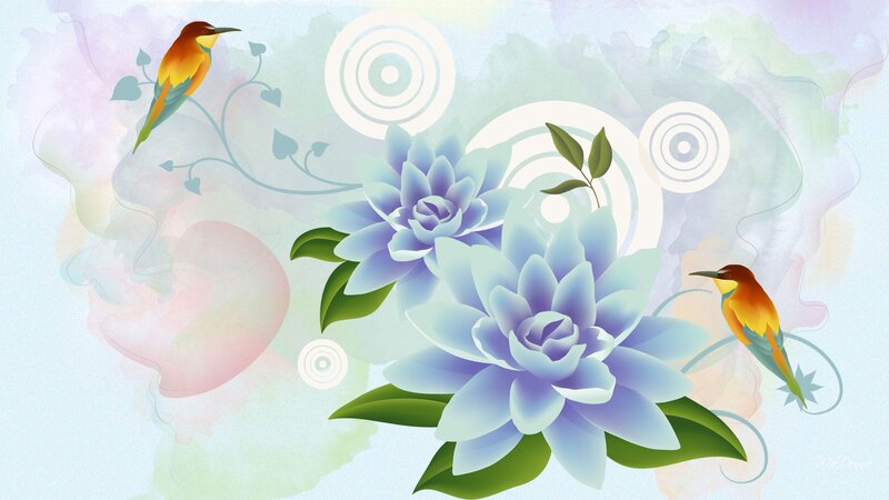Birds and Blue Flowers