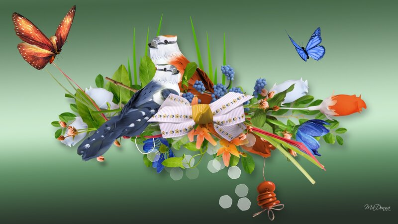 Birds and Butterflies in Flowers — Green