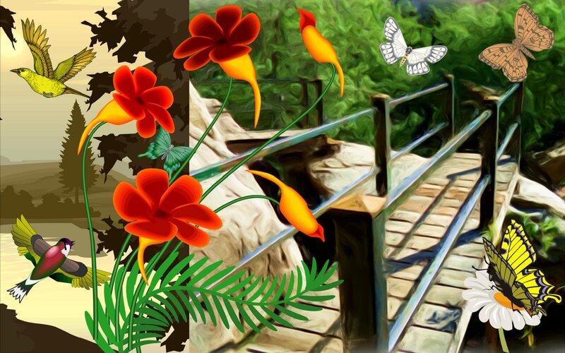 Birds and Butterflies on Bridge