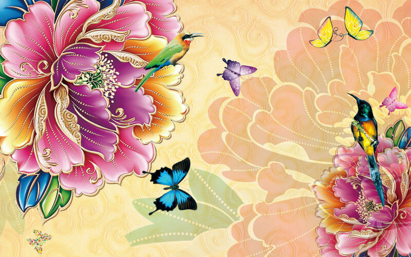 Birds and Butterflies on Flowers