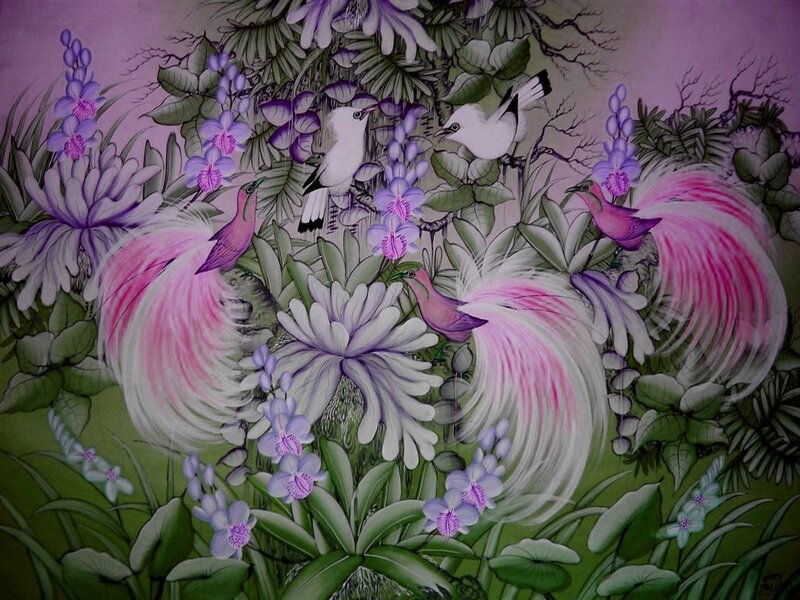 Birds and flowers in a garden